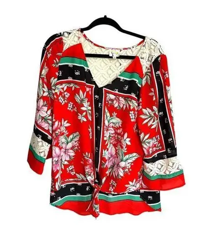 Fig & Flower Boho Floral Tie Blouse Size Large Lace Detail Red 3/4 Sleeves Flowy