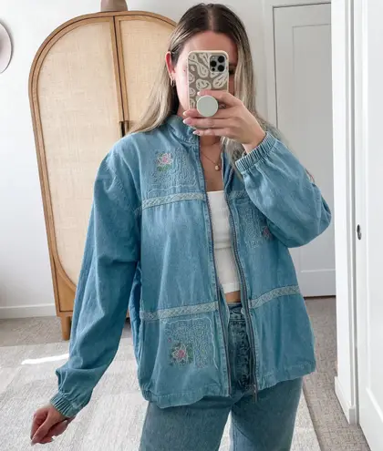 Vintage Teddi Denim Full Zip Floral Embroidered Jean Jacket