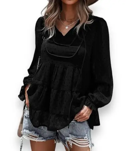 PRETTYGARDEN Women's V-neck Black Chiffon Long Sleeve Boho Blouse Large | EUC
