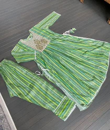 Cotton Nayra Cut Beautiful Kurti Set Indian Women Wedding Wear Ethnic Kurta Set Green Size XL
