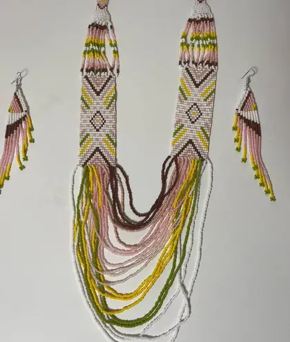 Brown and Yellow Beaded Necklace with Intricate Geometric Patterns