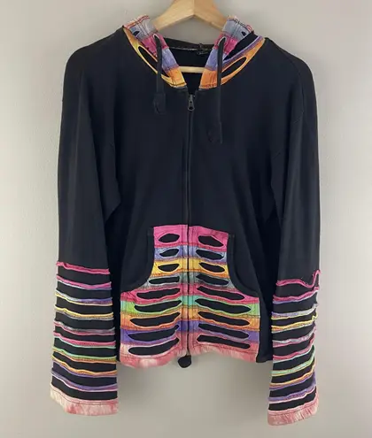 Y2K 90’s Black Rainbow Psychedelic Rip N Tear Wide Bell Sleeve Full Zip Hoodie Size L