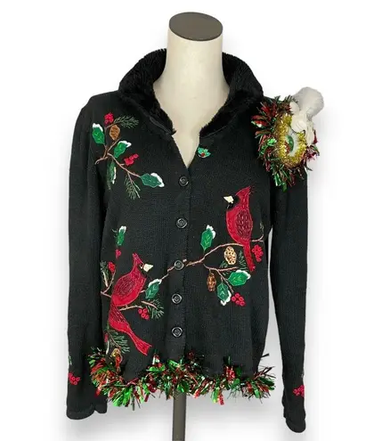 Vintage Christmas Cardigan 3D Ugly Xmas Sweater Party Birds Nest Embellished Sm Black