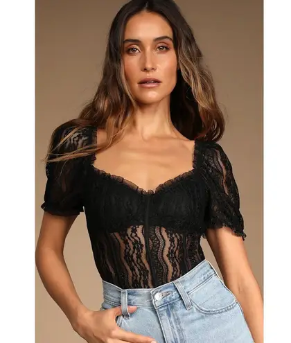 Lulus Womens Feeling Flirtatious Floral Lace Puff Sleeve Bustier Bodysuit Size M Black Size M