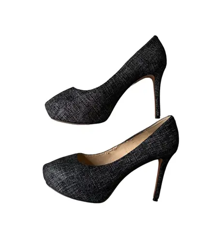 Nine West  Juliette Black Speckled Denim Metallic Suede Heels