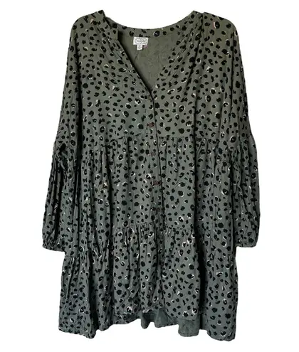 Mud Pie Women’s Flounce Peasant Tiered Green Leopard Animal Print Mini Dress med