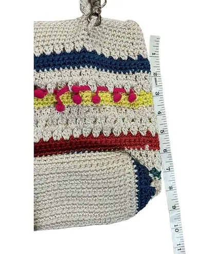 The Sak Crocheted Shoulder Bag Medium Handbag Stripes with pink pom pom row