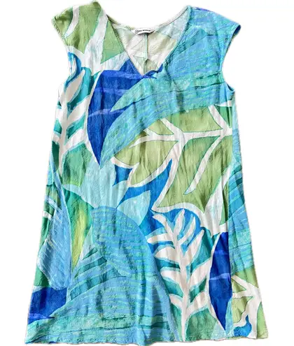 Jams World Sleeveless Tank Dress Green Blue Large V-Neck Botanical Hawaiian