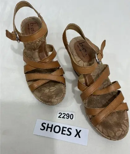 Womans Boc Brown Leather Strappy Open Toe Sling Back Wedge Sandal Size 7