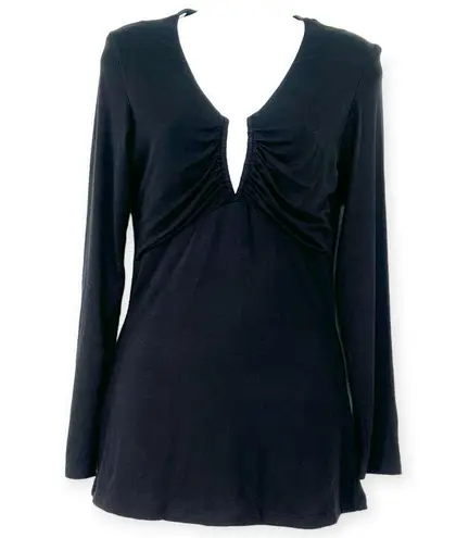 NWT SKY | L | Leather Trimmed Sheer Back Top Blouse Ruched Deep V GWENNO Black Size L