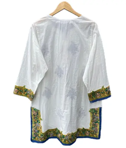 New Khaadi Floral Embroidered Tunic Indian White Blue Kurta Size 14