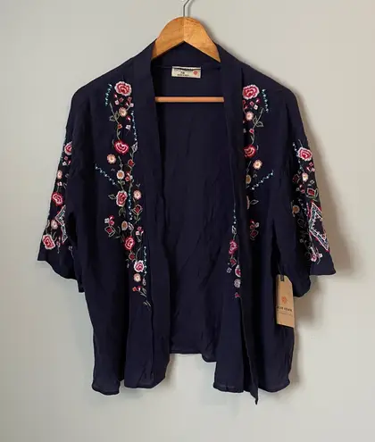 Ruff Hewn Navy Blue Embroidered Jacket Cardigan Boho Eclectic Size Petite M