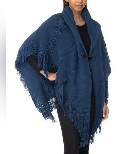 Charter Club NEW! Women's Navy Blue Raschel-Knit Toggle Fringe Poncho
