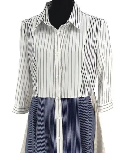 Gracia Women’s 3/4 Sleeves Stripe Asymmetric Midi Shirt Dress Medium Blue Tan Wh