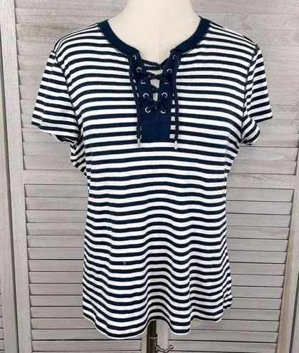 CHAPS  Striped Tee Grommet Laced Neckline Navy/White-Large