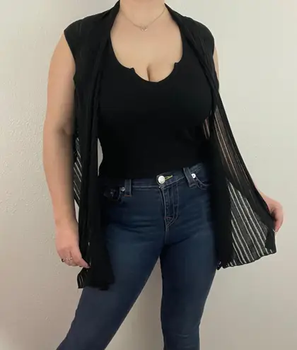 Mi & Rena Vintage Black Semi Sheer Stripe Short Sleeve Drape Crop Cardigan Top