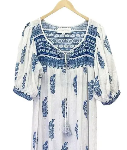 Daughters of India Mishka Boho Maxi Dress Azure Blue & White Cotton Size Medium