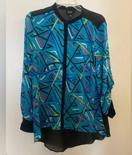 Nicole Miller Womens Sheer Blouse M Medium Black Teal Blue Pink Yellow Abstract