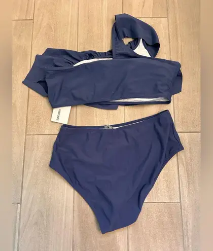 VIMPUNEC Ruffle One Shoulder Swimsuits for Women Striped High Waisted bikini Blue Size L