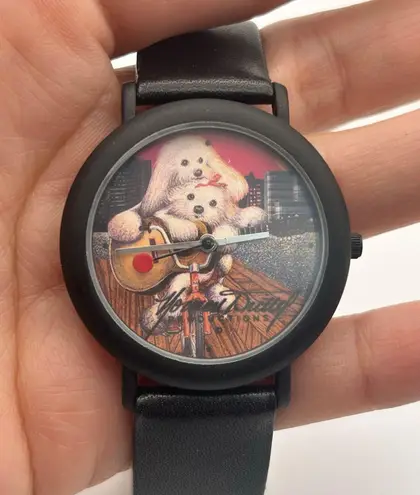 Cute Dogs with Guitar 38mm Black Leather Women’s Watch Working New Battery