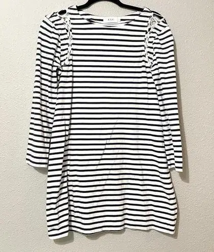ALC Frank ALC White & Black Striped Mini Dress Shoulder Cut Out Details Womens M Tunic