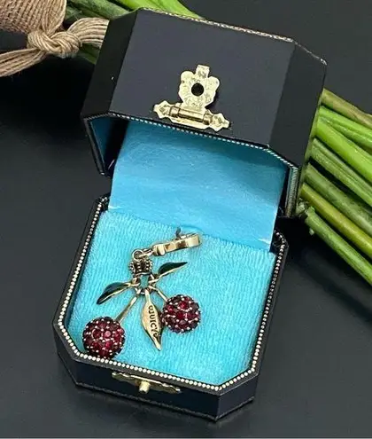 Juicy Couture Retired  Pavè Red Cherry Charm Enameled Leaves With Box 16g