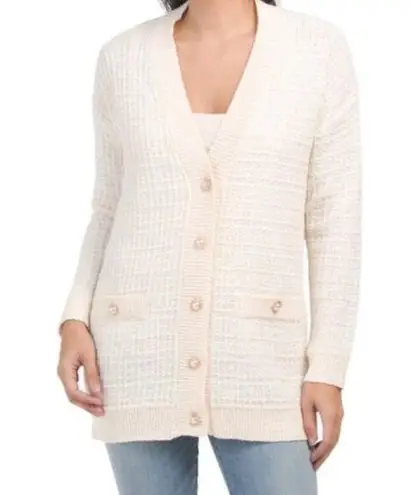 Elie Tahari Cream Pearl Button Long Knit Cardigan Sweater M