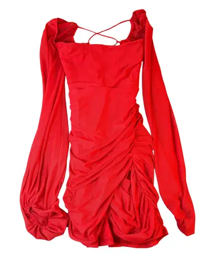 Lucy in the Sky  Red Ruched Mini Dress‎ Long Sleeve Cross Back S. NWT - Image 1