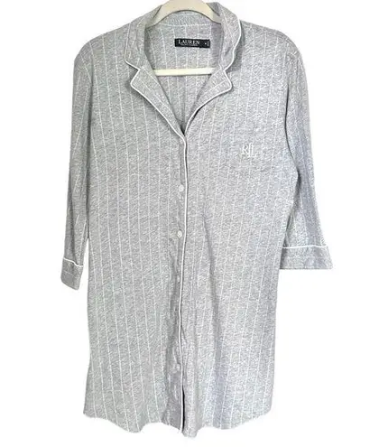 Lauren Ralph Lauren Women’s Sz M Striped Cotton Button Down Sleepshirt Monogram Gray Size M