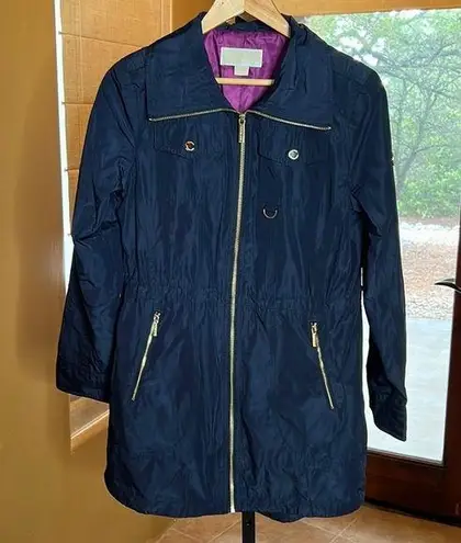 Michael Kors Trench Coat Navy Blue with Purple Lining & Gold Hardware Size Small