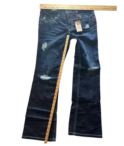 Decree Dark Wash Distressed Bootcut Jeans Size 11 NWT Low Rise Contrast Stitch