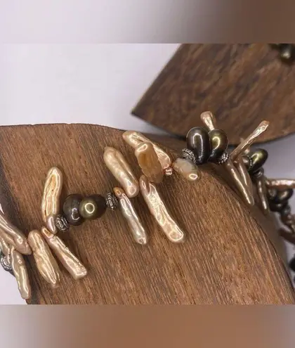 Handmade Natural Pearl Biwa Stick & Chocolate Necklace & Earring Set Boho Artsy Lagenlook