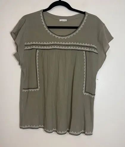 Garnet Hill Embroidered Top Organic Cotton Green Boho Peasant Style M