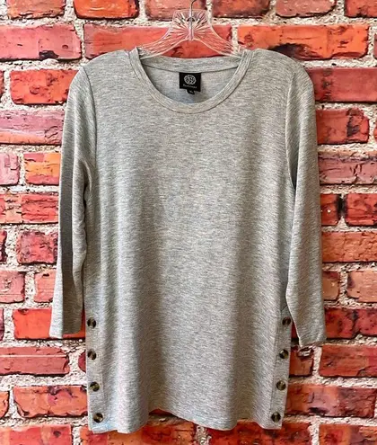 Bobeau Soft Heathered Gray Button Side Crew Neck Sweater