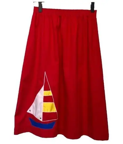 American Vintage Vintage 1970s Retro High Waist Sailboat Midi Skirt Applique Red Funky Boho Indie