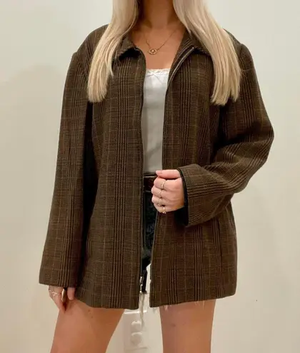Vintage Plaid Zip Up Collared Coat Chore Jacket in Brown Size 18