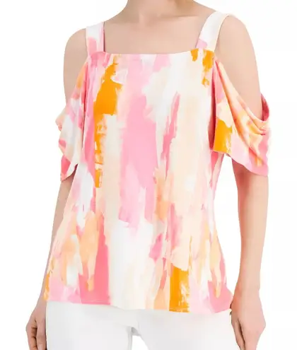 JM Collection Pink Gem Combo Cold Shoulder Tee in Medium Petite