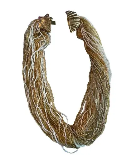 Clam Shell Vintage Multi Strand Seed Bead Necklace Gold & White