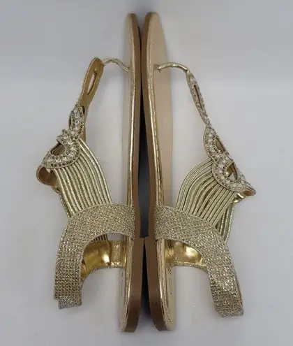 Rouge Helium Women's Rhinostone Thong Slip On Slingback Flat Sandals Gold Sz 7.5