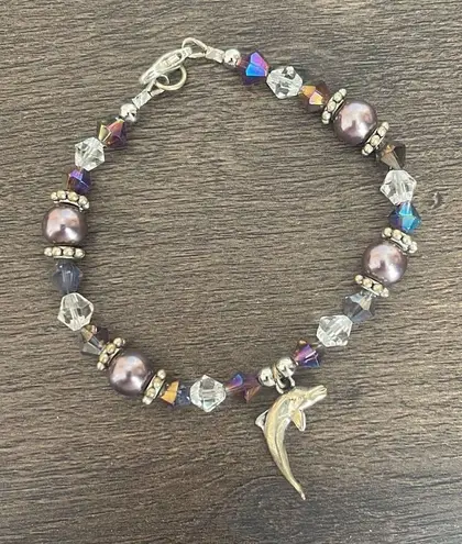Beaded Bracelet Dolphin Charm Purple Silver Tone Jewelry Accessories