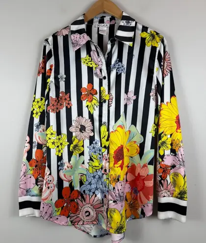 Oo La La Top Women's L Multi Floral Striped Button Front Long Sleeve Retro Artsy Size L