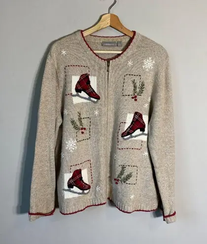 Croft & Barrow Vtg  Ice Skating Christmas Wool Angora Full Zip Sweater Women's L