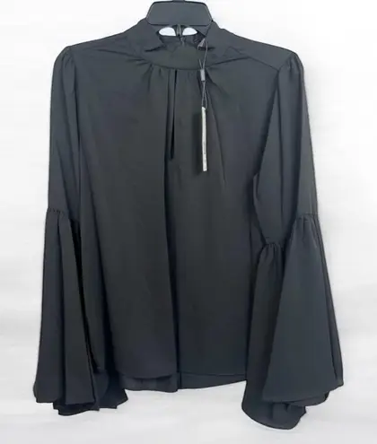 T Tahari Blouse Womens Size M Black Mock Neck Keyhole Large Bell Sleeve Chic