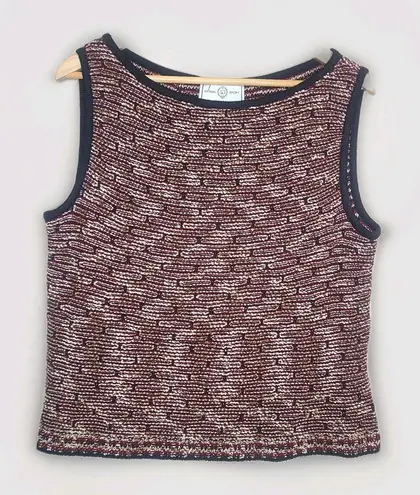 St. John Sport Knit Shell Top L Plum Black Textured Sleeveless Wool Blend Tank Brown Size L