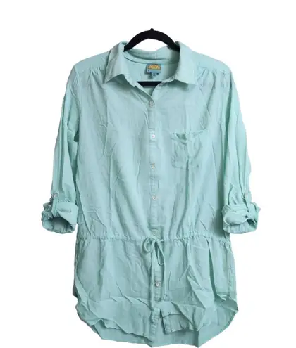 C&C California Light Green Roll Up Tab Sleeves Drawstring Waist Button Shirt M