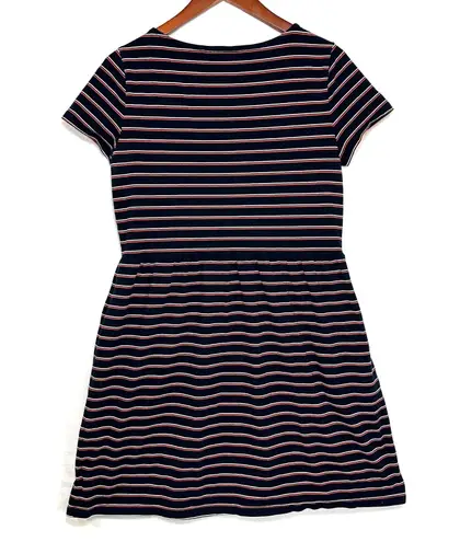 Joe Fresh Medium Striped Short Sleeve Jersey Navy Blue Mini Dress Pockets Casual
