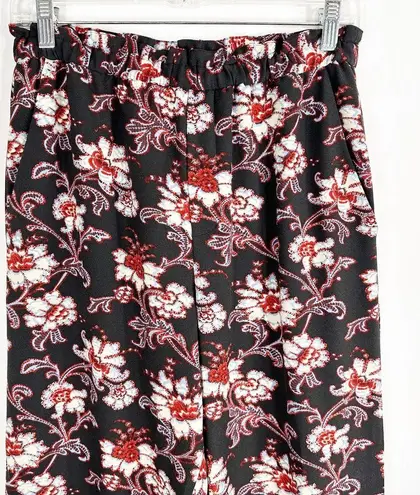 Club Monaco Size 6 Pants Floral Ruffled Elastic Waist Red Black Blue Stretch 338