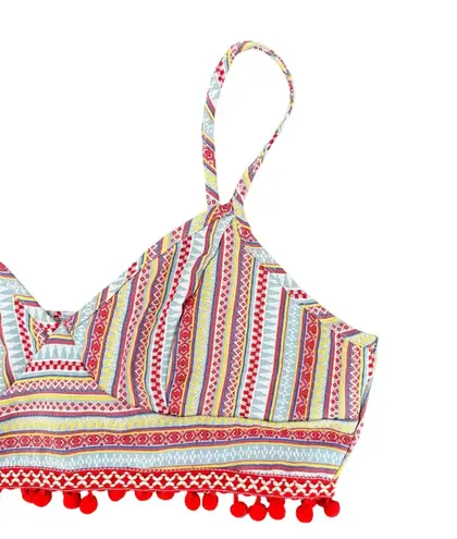 Boho Festival Red Crop Top Halter Adjustable Straps Pom Pom Fringe Zips Large