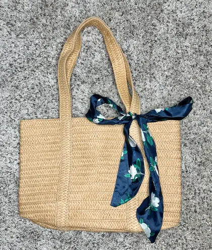 Draper James Everyday Straw Shoulder Bag Purse Navy Floral Scarf Woven Tan Brown