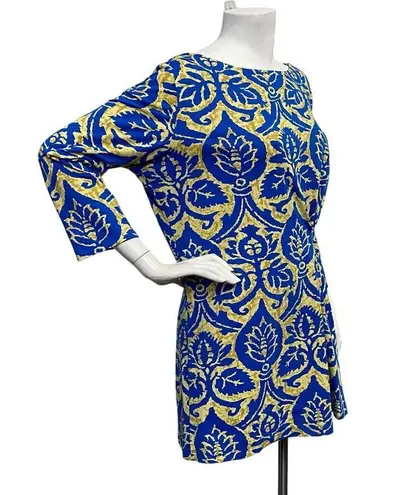 J. McLaughlin  Women's Large Blue Gold Tunic Dress Floral Boat Neck Stretch Boho